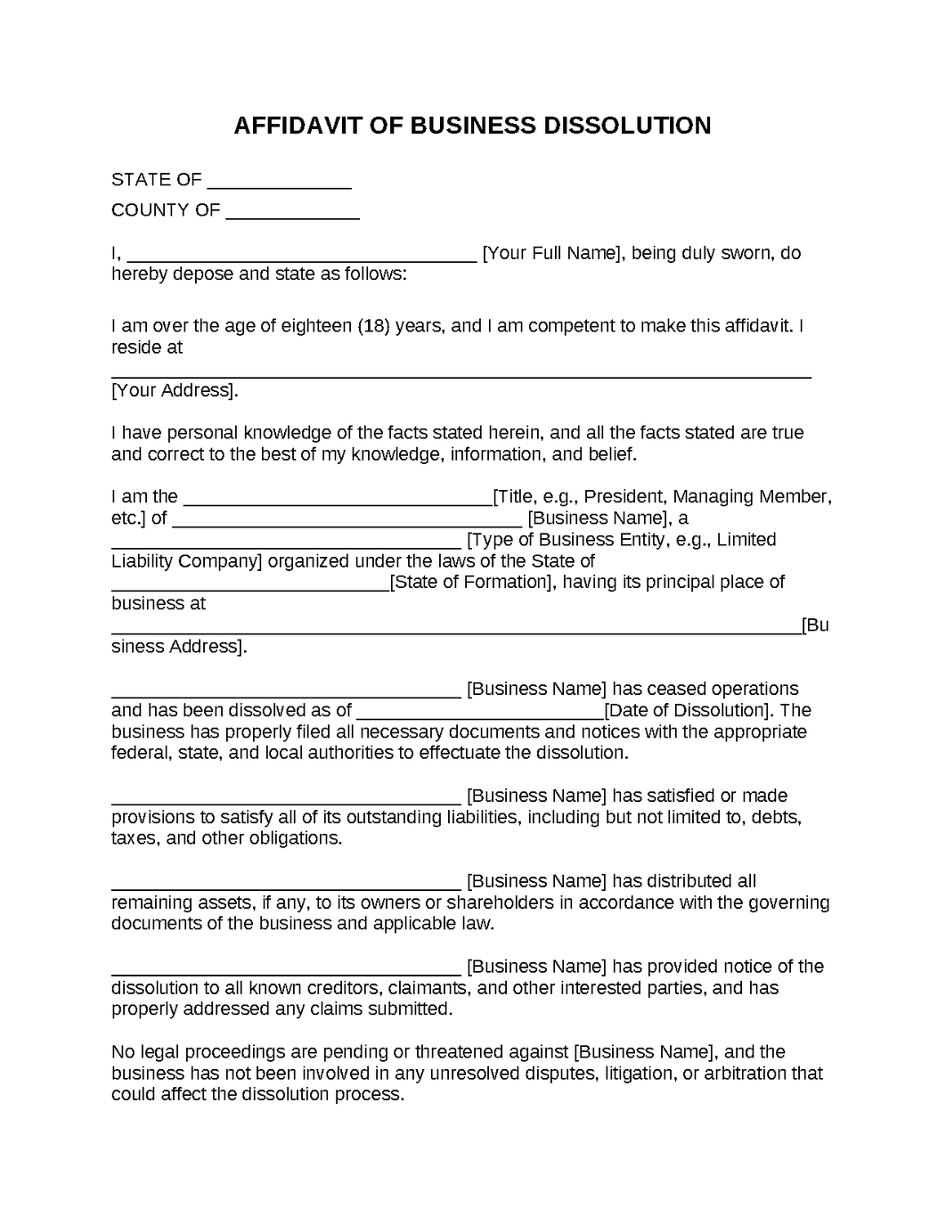 Affidavit of Business Dissolution