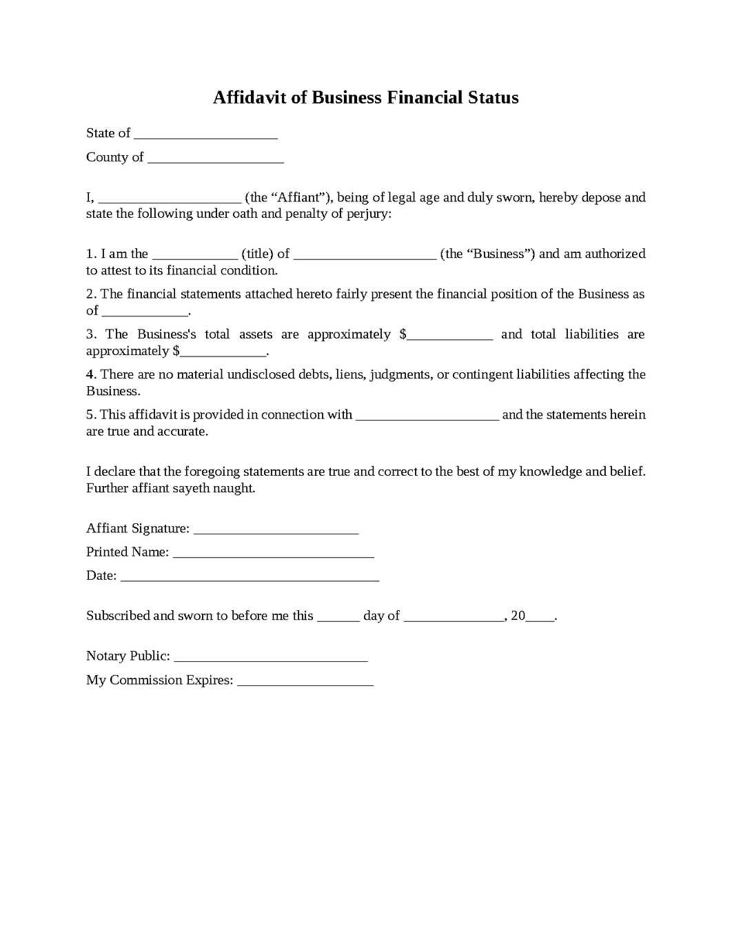Affidavit of Business Financial Status