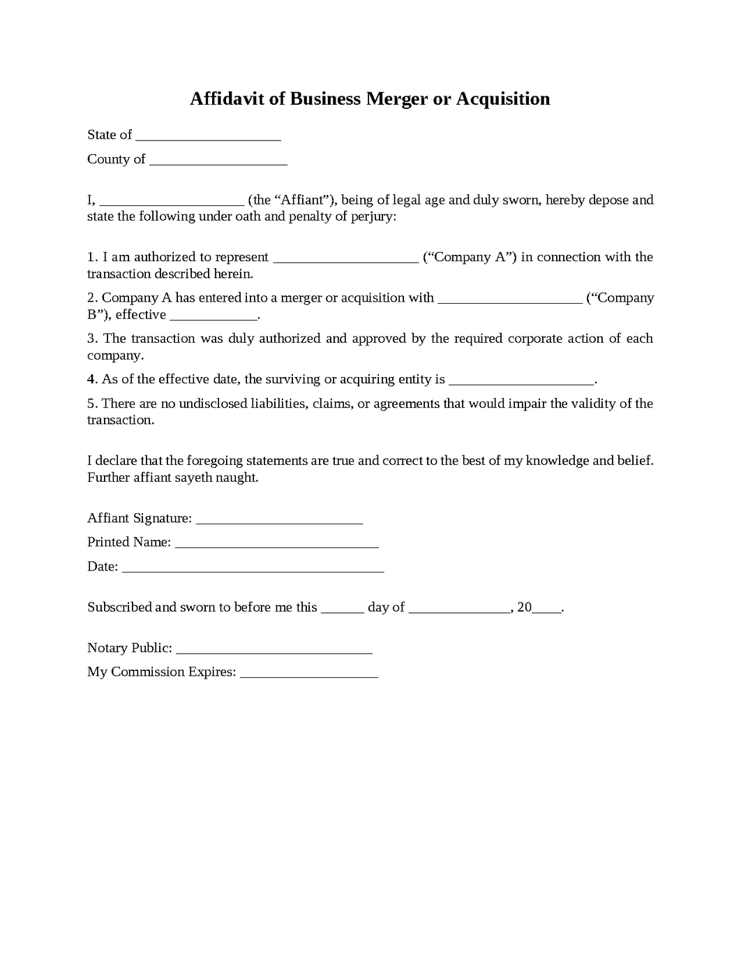Affidavit of Business Merger or Acquisition