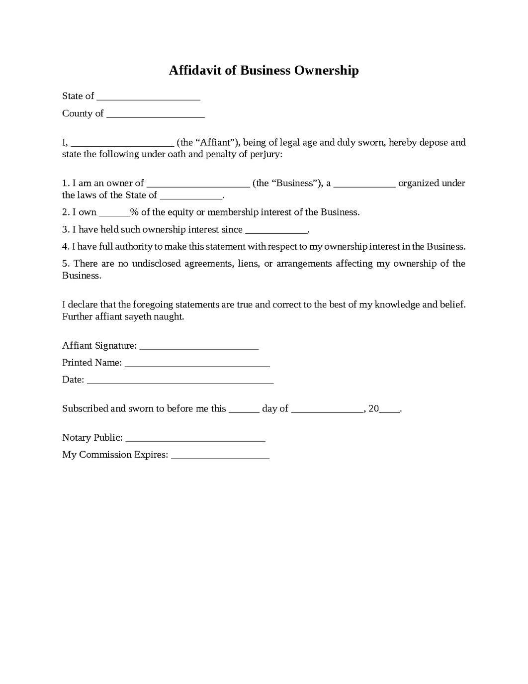 Affidavit of Business Ownership