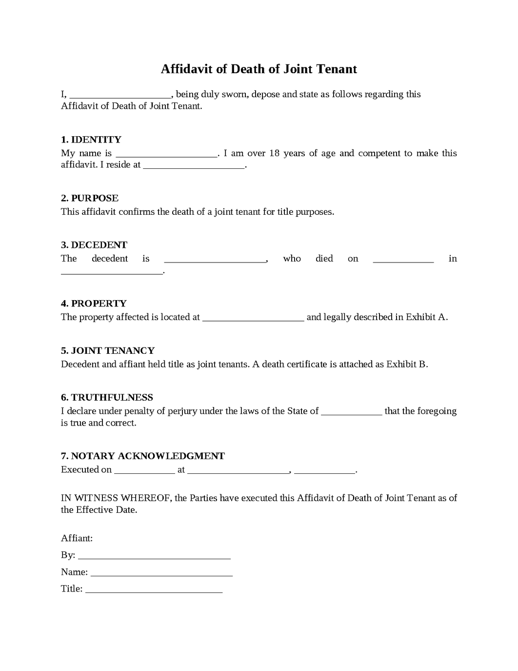 Affidavit of Death of Joint Tenant