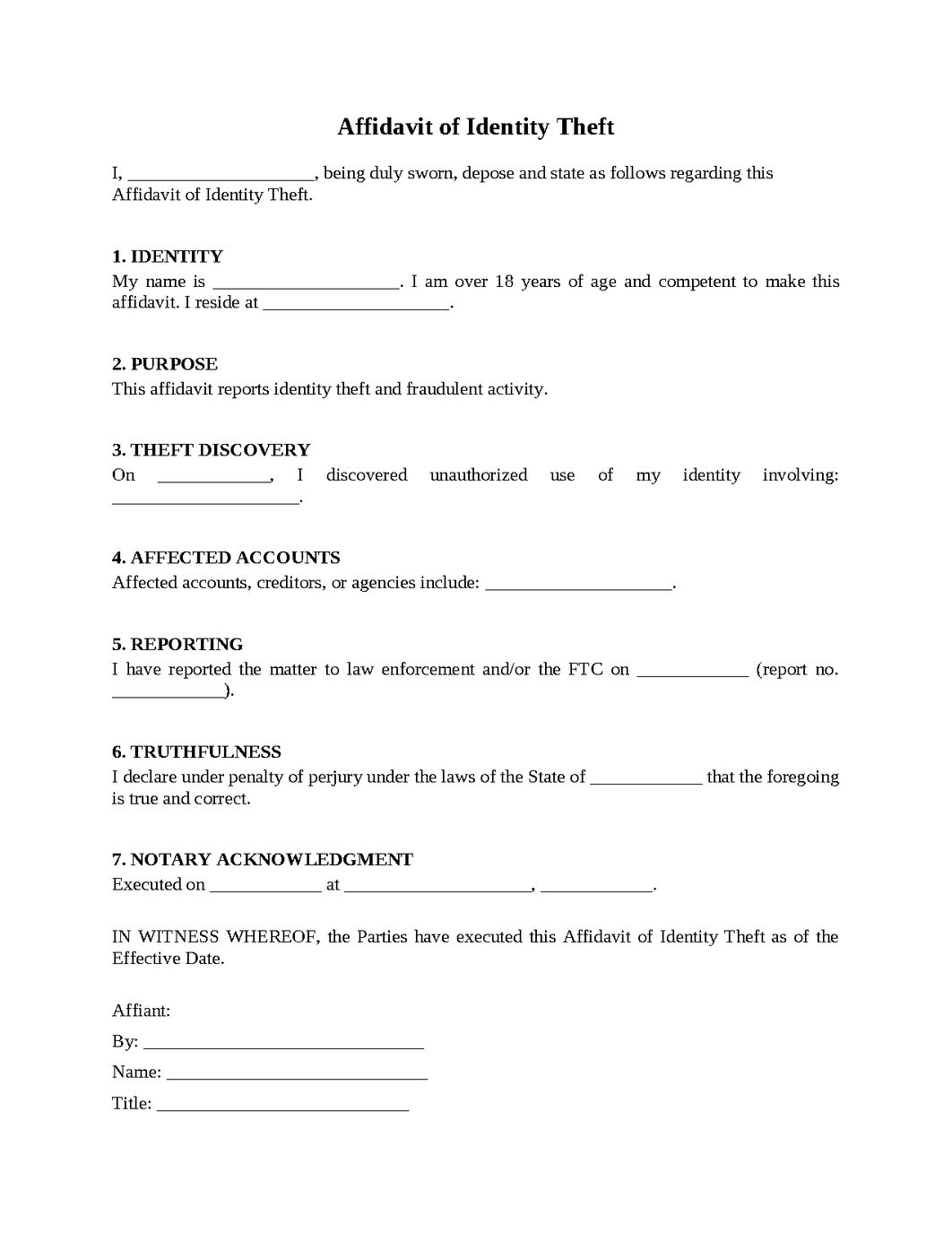 Affidavit of Identity Theft