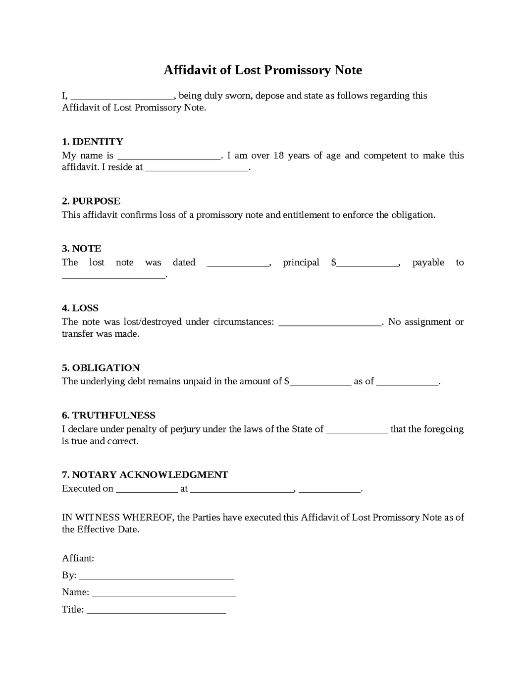 Affidavit of Lost Promissory Note
