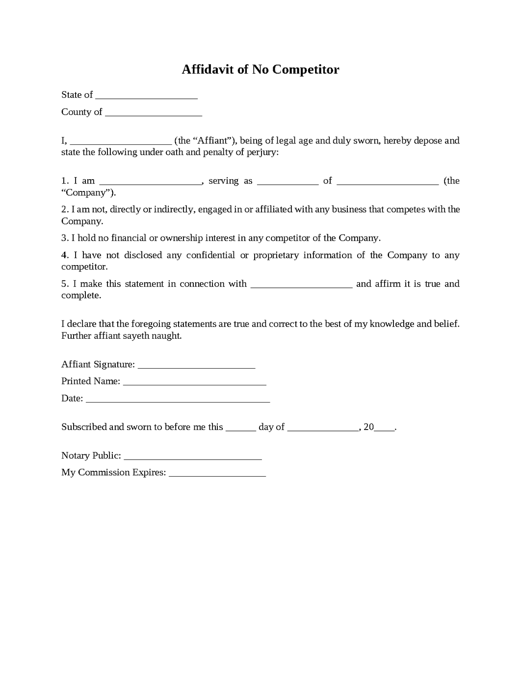 Affidavit of No Competitor