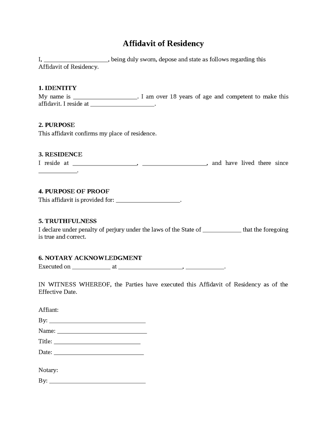 Affidavit of Residency