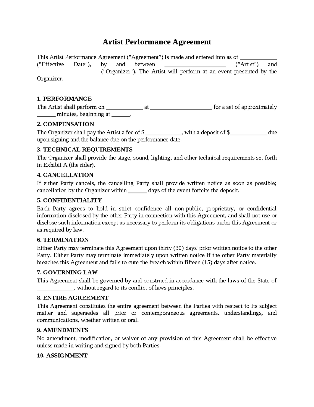 Artist Performance Agreement