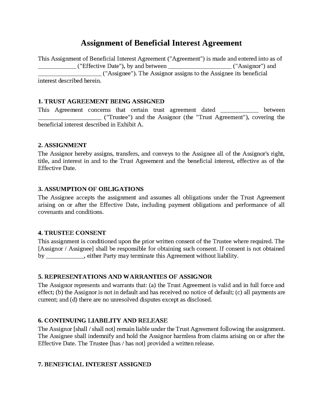 Assignment of Beneficial Interest Agreement