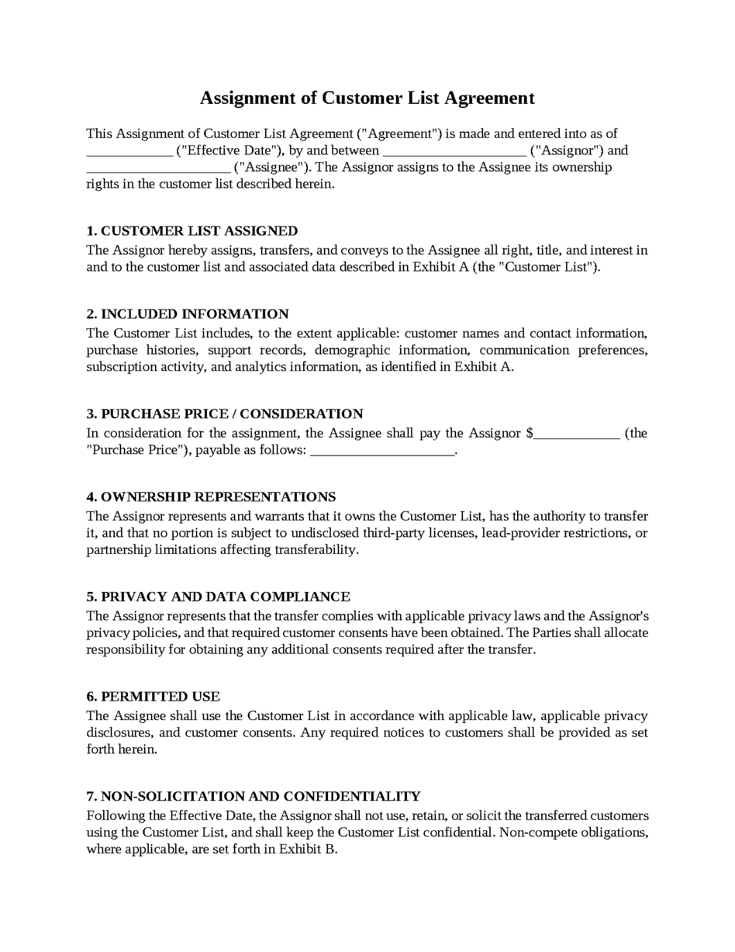 Assignment of Customer List Agreement