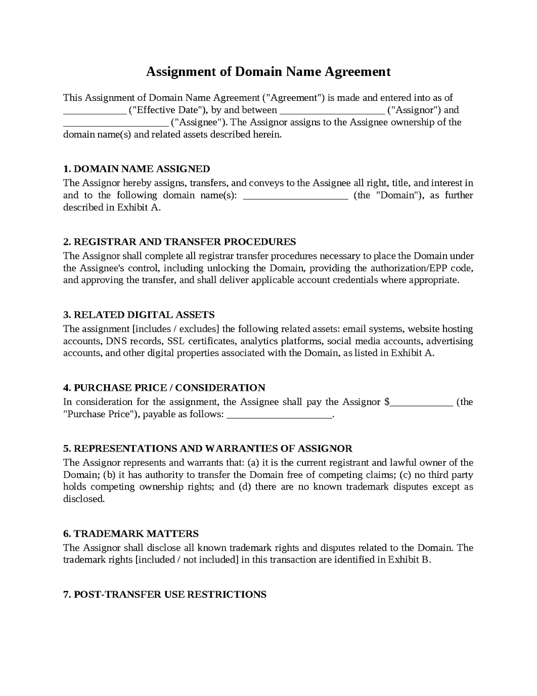 Assignment of Domain Name Agreement