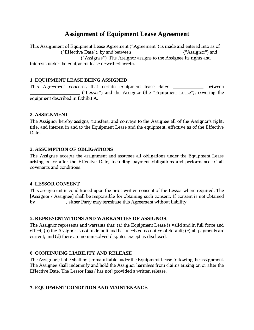 Assignment of Equipment Lease Agreement