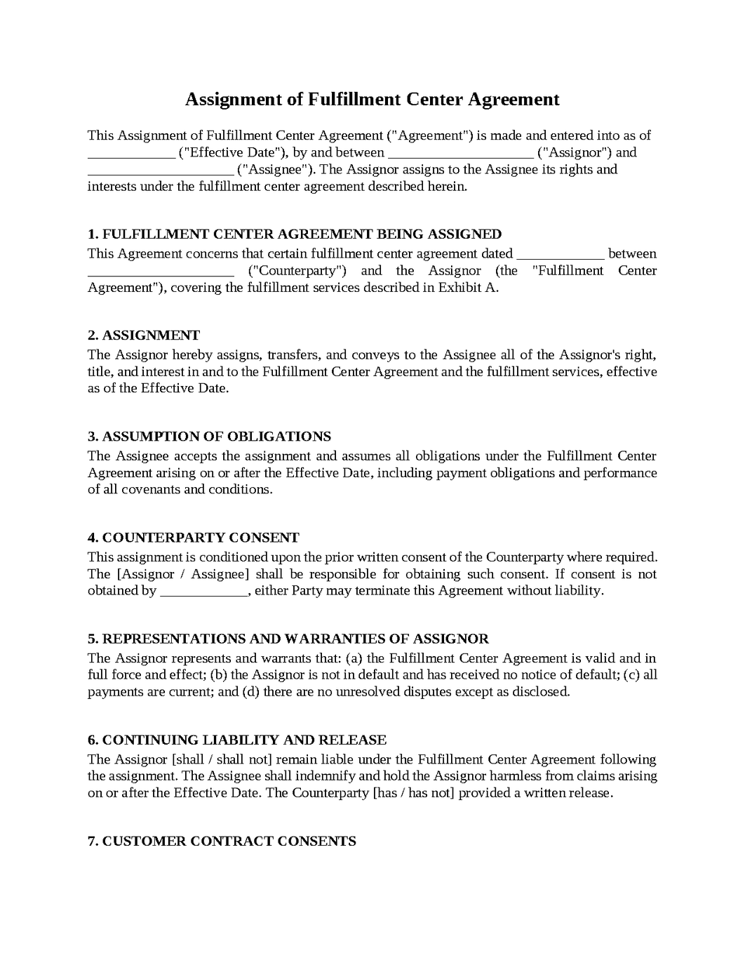 Assignment of Fulfillment Center Agreement