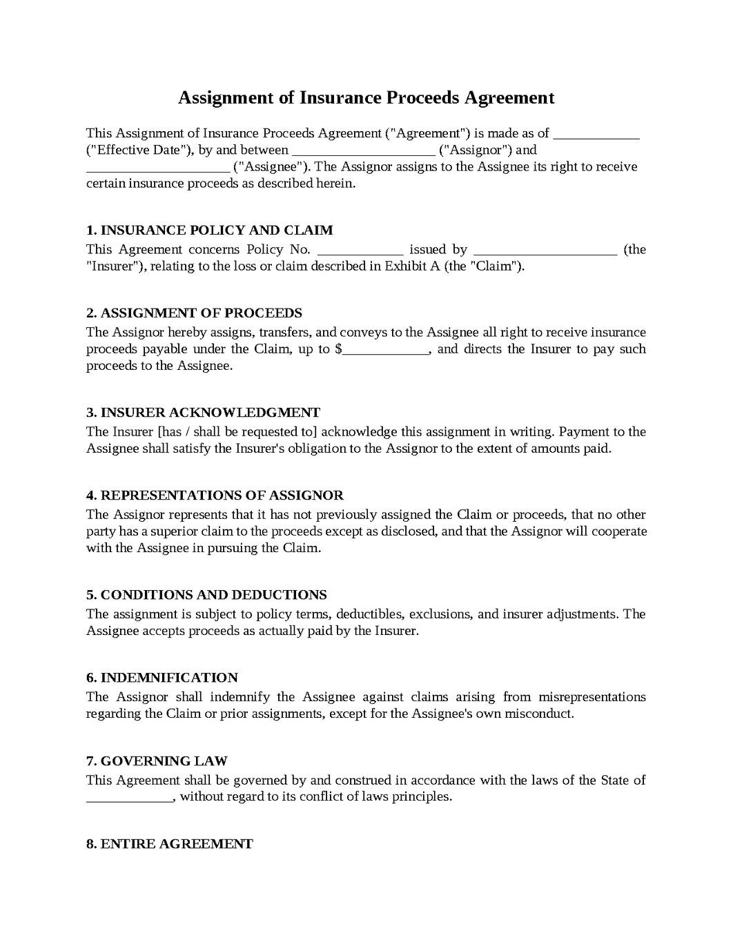 Assignment of Insurance Proceeds Agreement