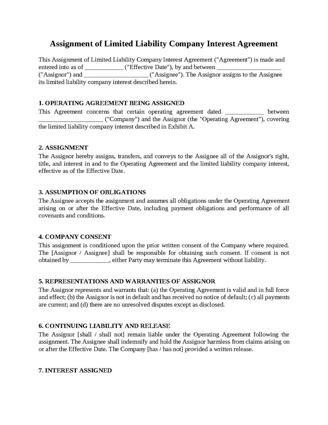 Assignment of Limited Liability Company Interest Agreement