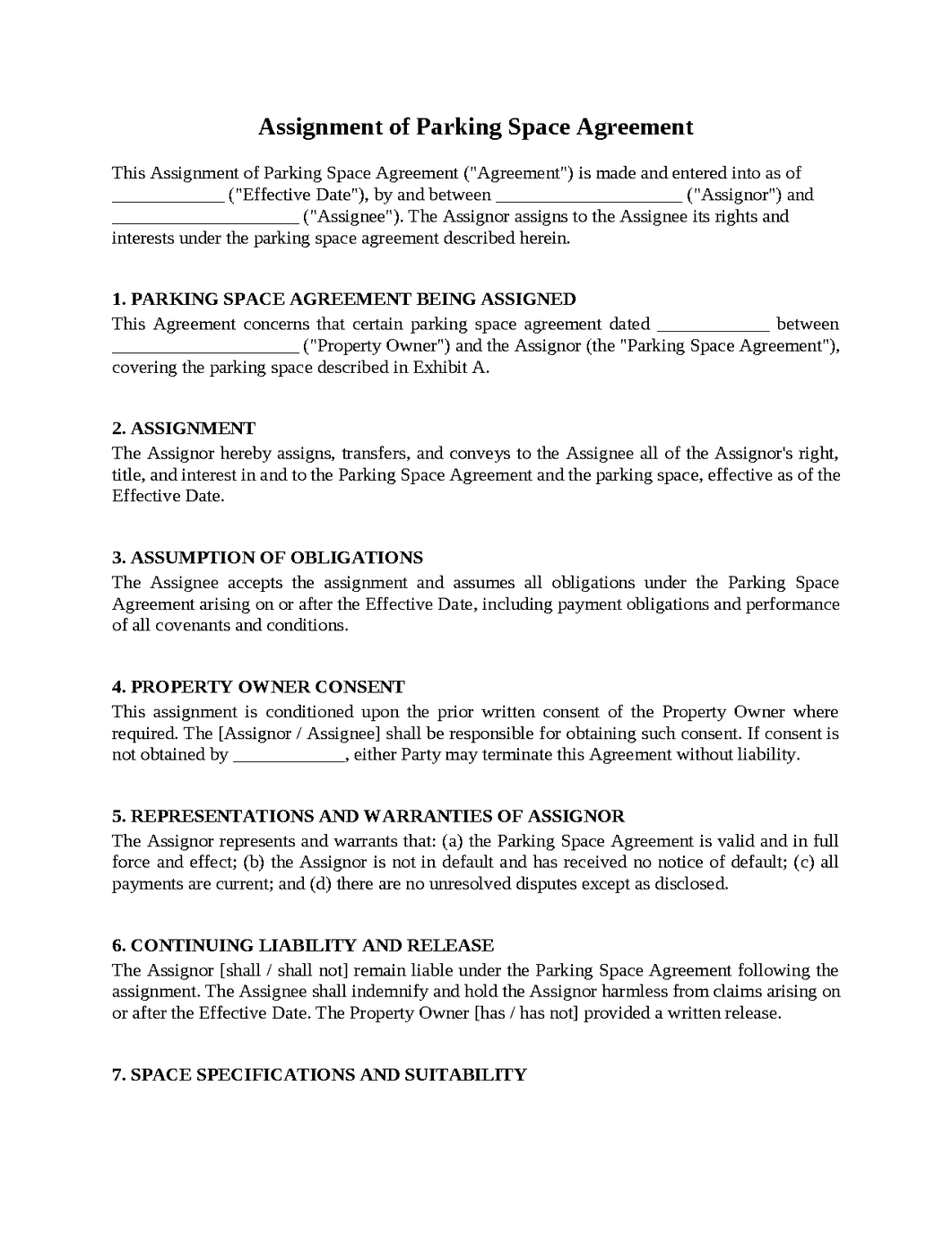 Assignment of Parking Space Agreement