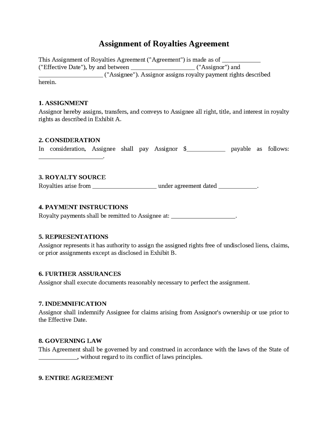 Assignment of Royalties Agreement
