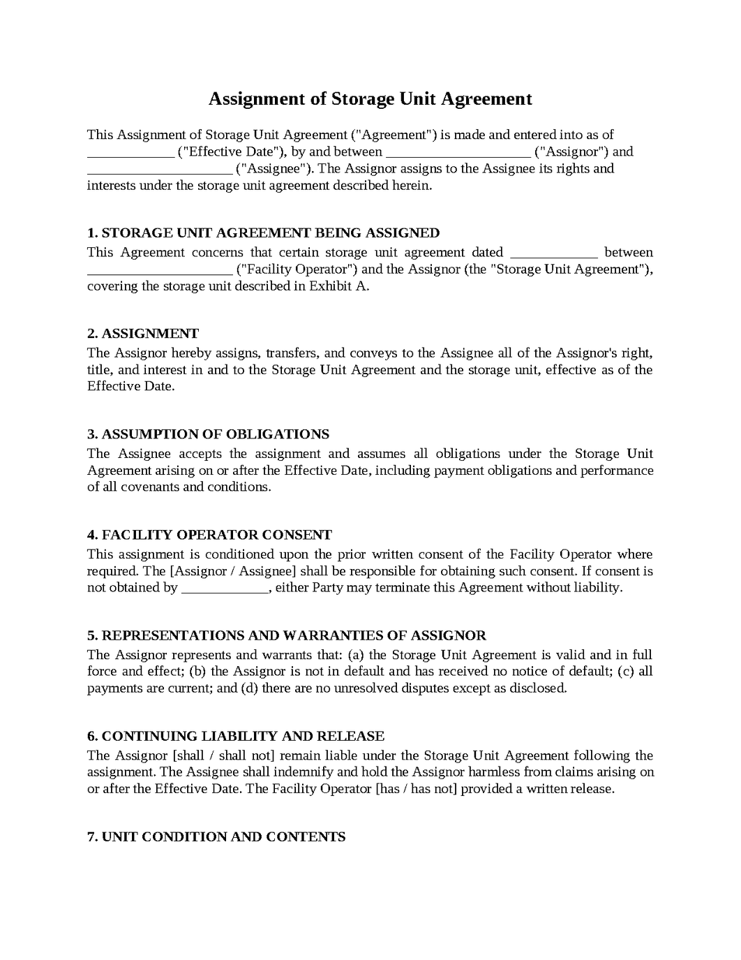 Assignment of Storage Unit Agreement