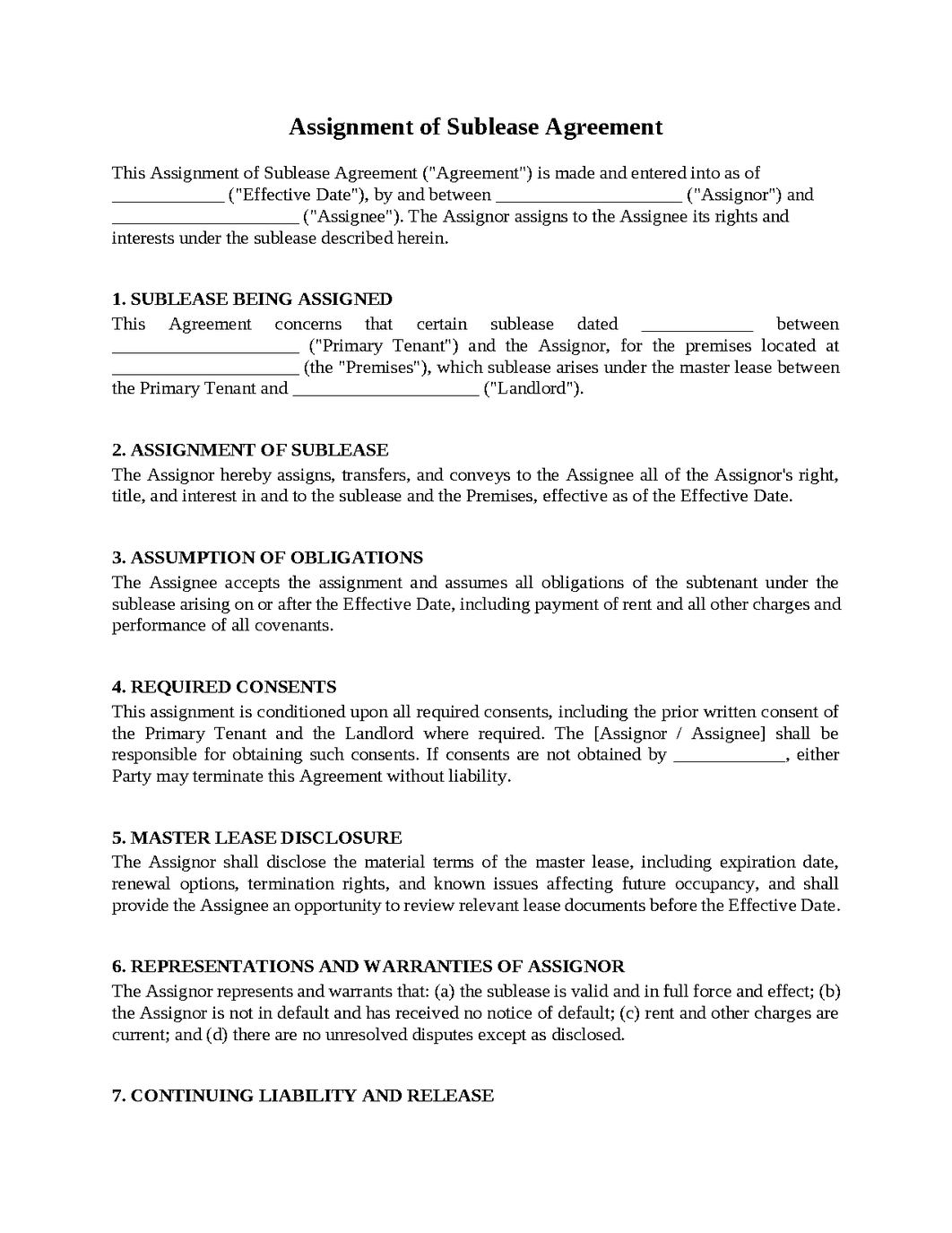 Assignment of Sublease Agreement