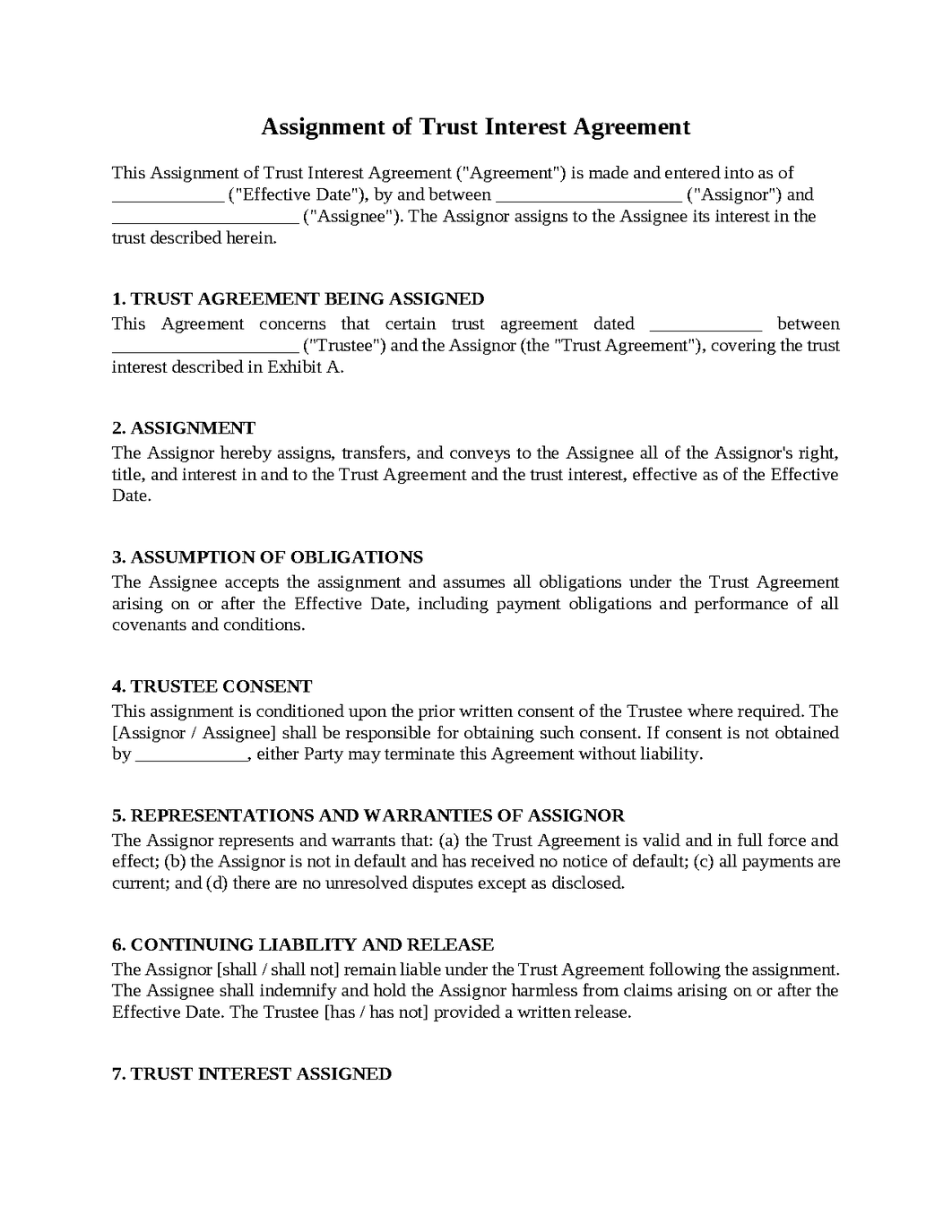 Assignment of Trust Interest Agreement