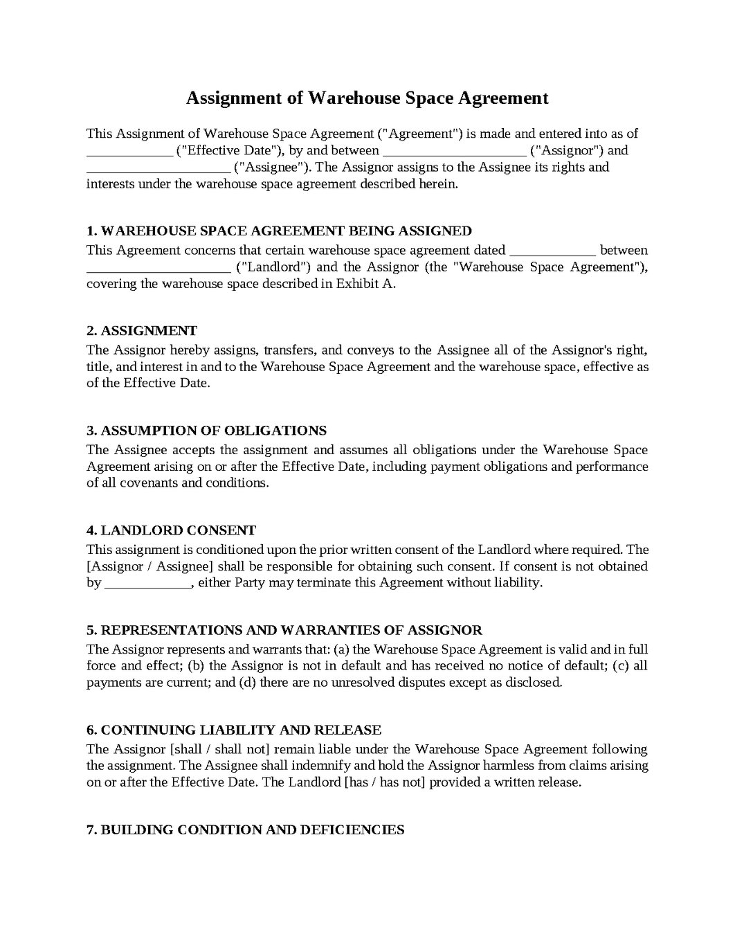 Assignment of Warehouse Space Agreement