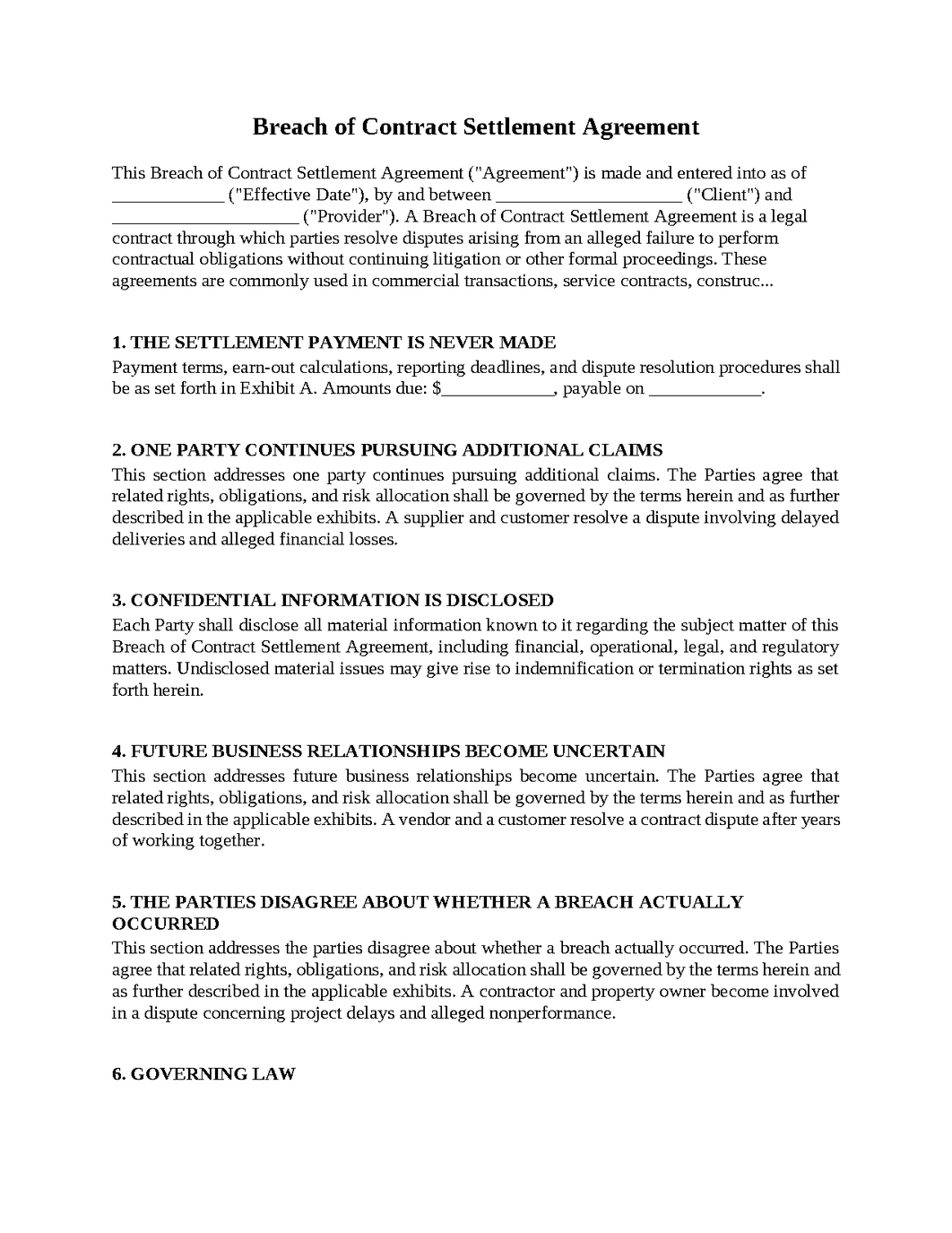 Breach of Contract Settlement Agreement