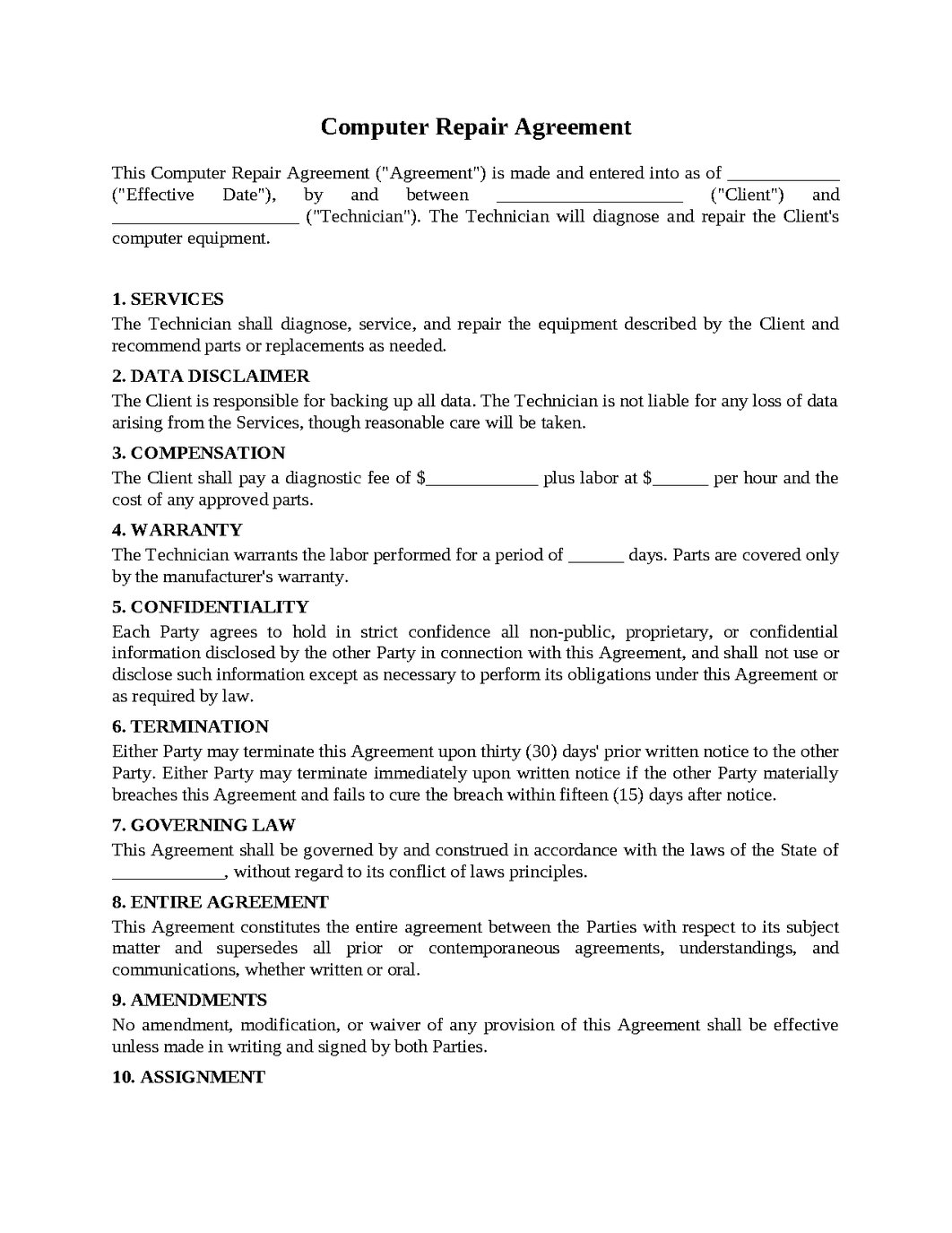 Computer Repair Agreement