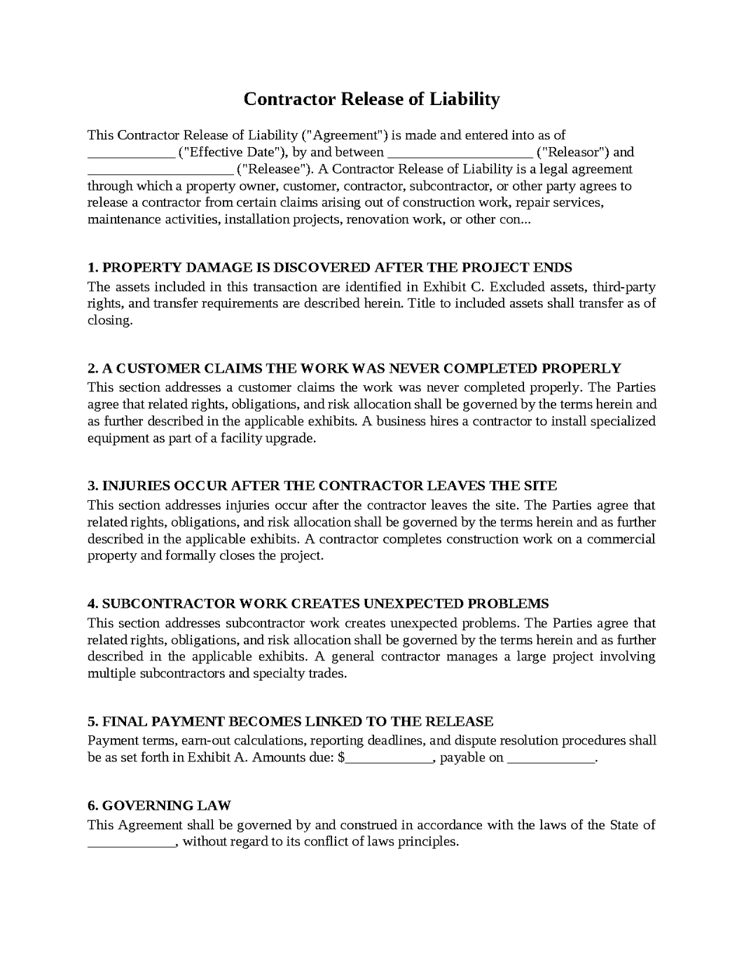 Contractor Release of Liability