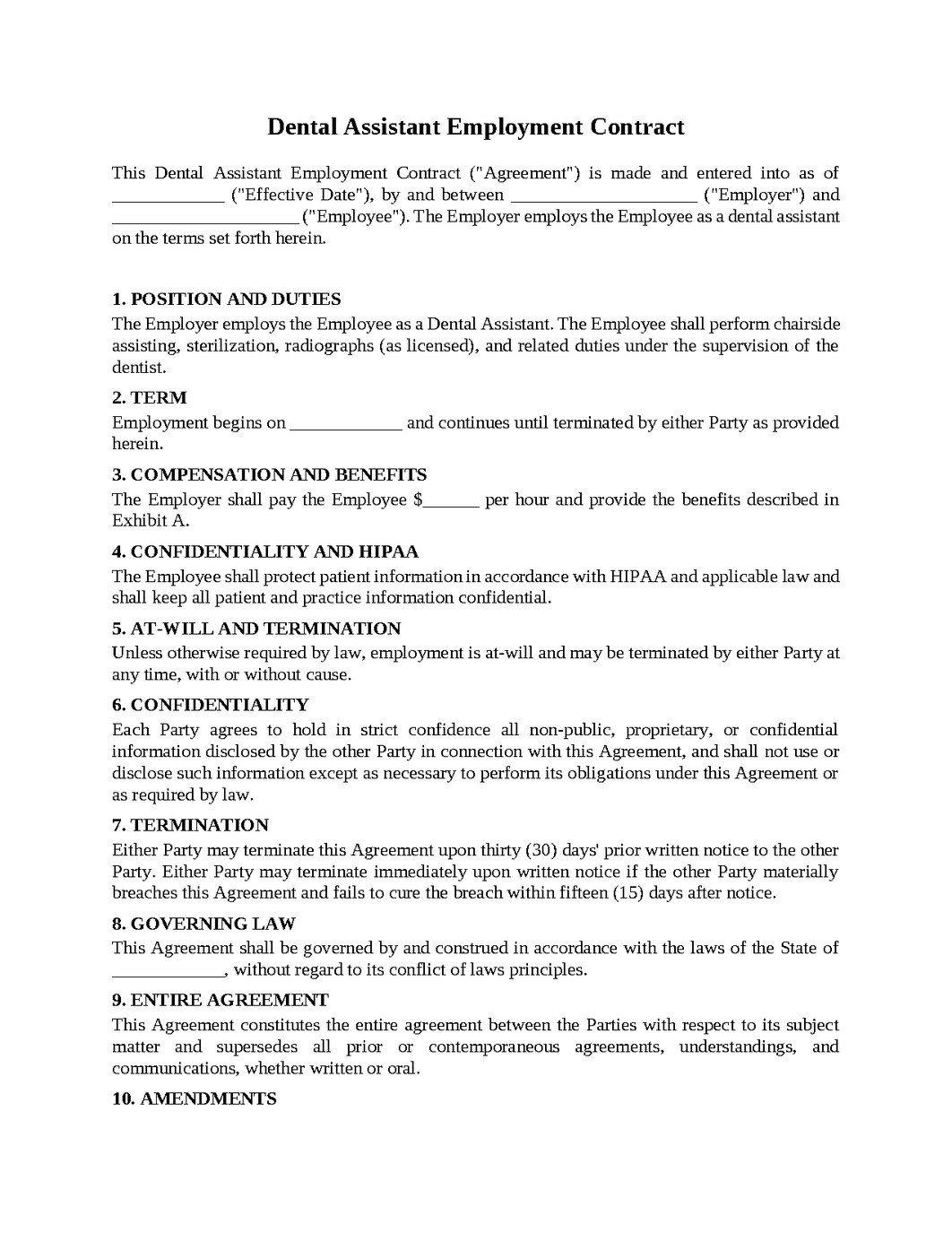 Dental Assistant Employment Contract