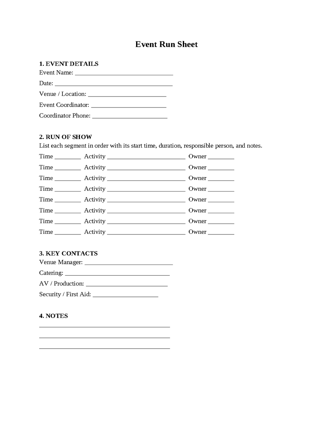 Event Run Sheet