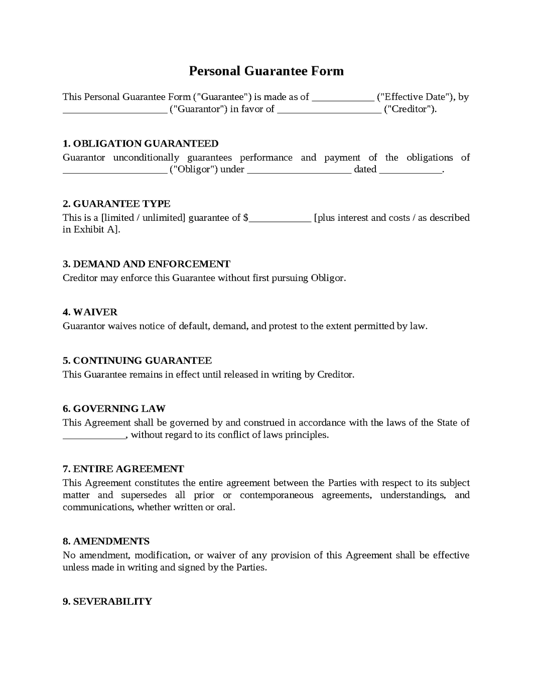 Personal Guarantee Form