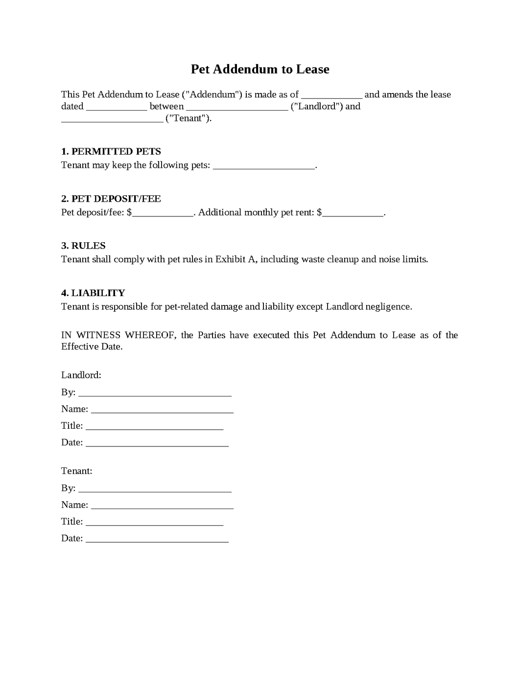 Pet Addendum to Lease