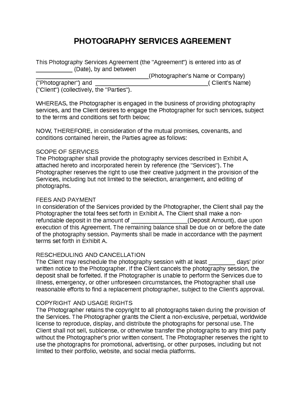 Photography Services Agreement