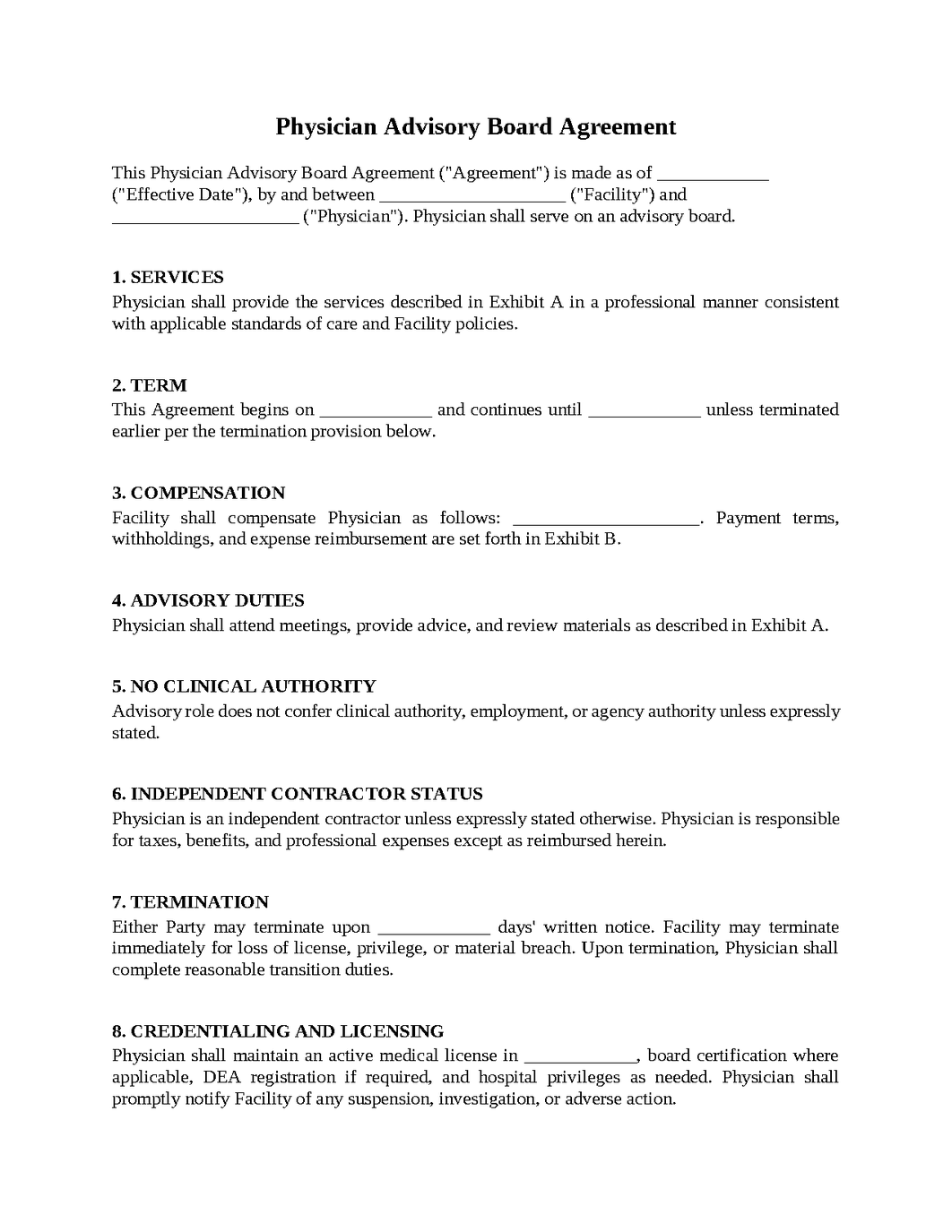Physician Advisory Board Agreement