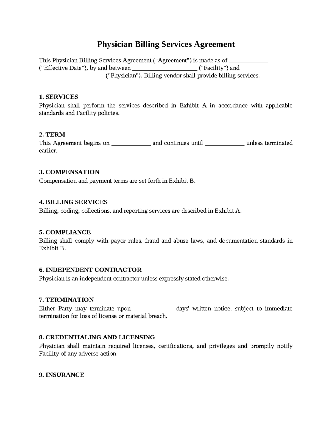 Physician Billing Services Agreement
