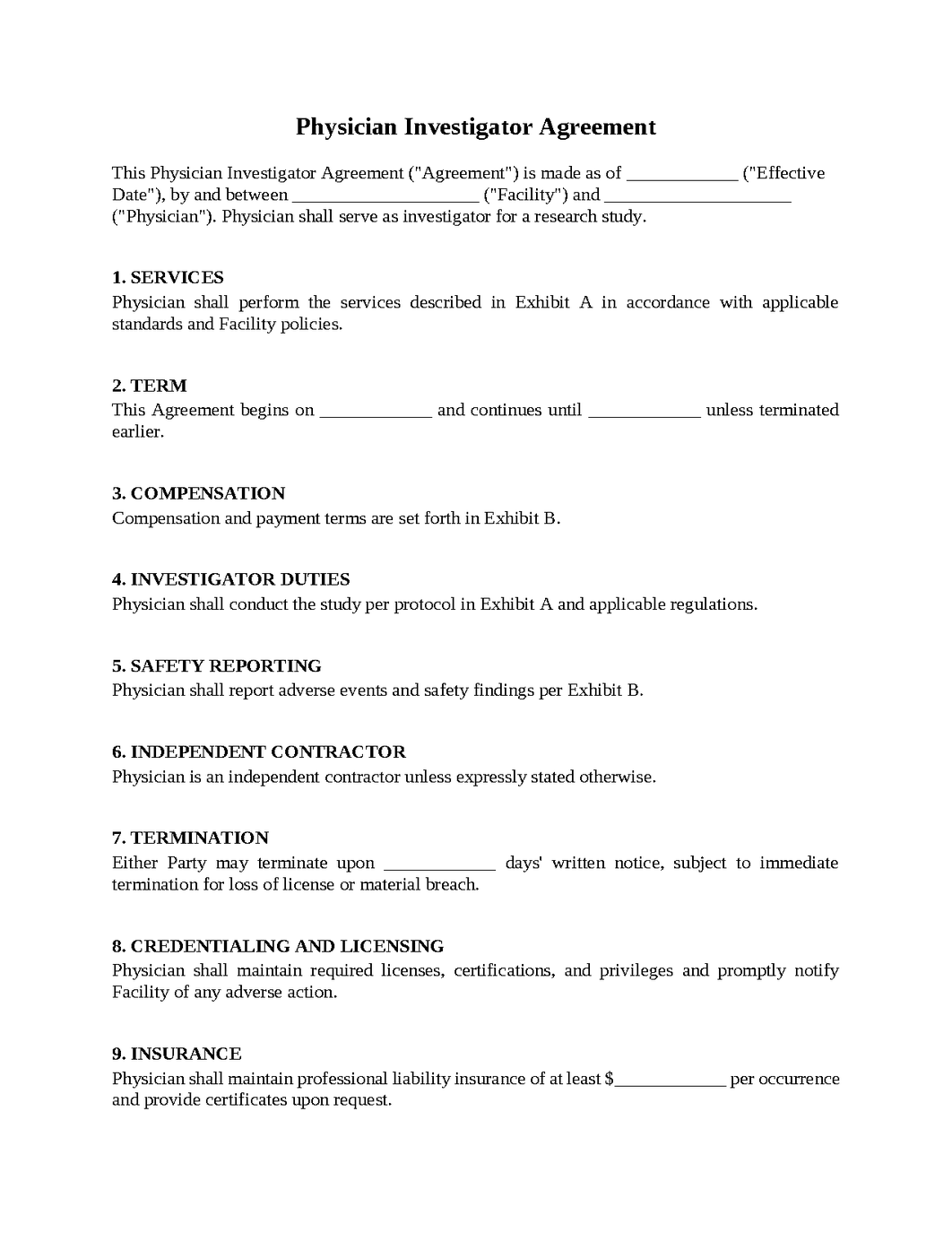 Physician Investigator Agreement