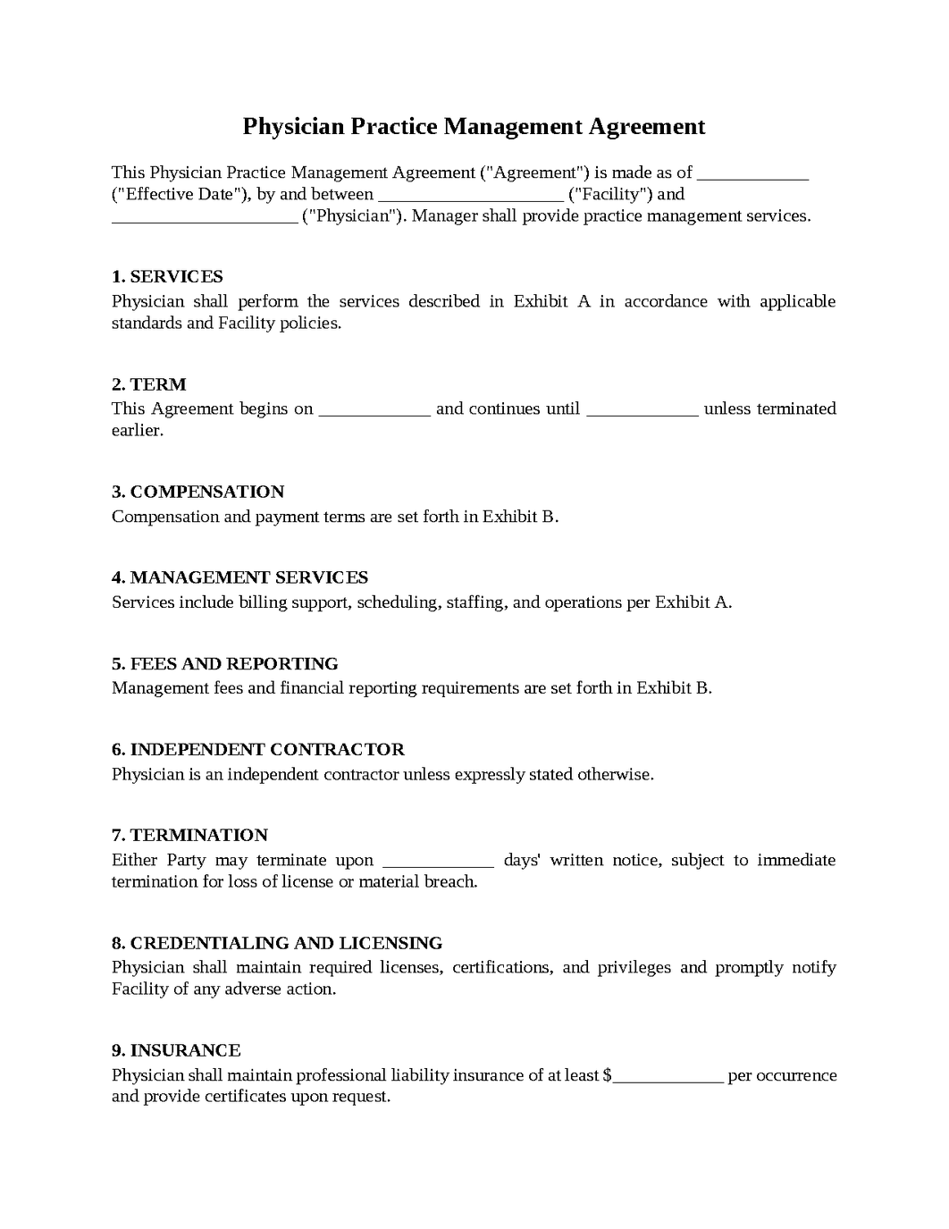 Physician Practice Management Agreement