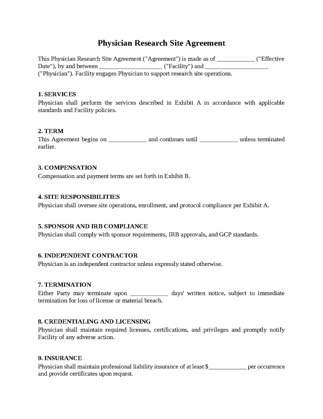 Physician Research Site Agreement