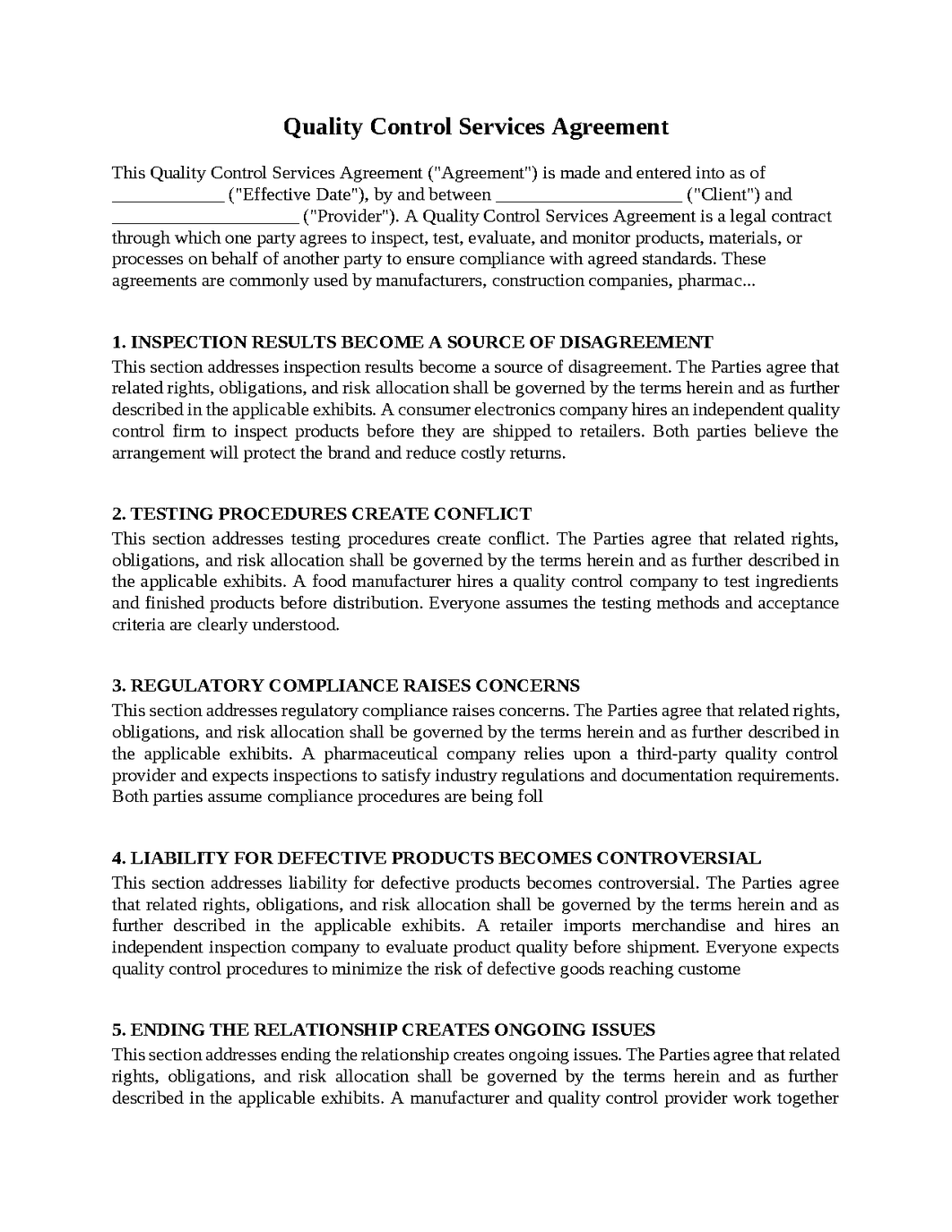 Quality Control Services Agreement