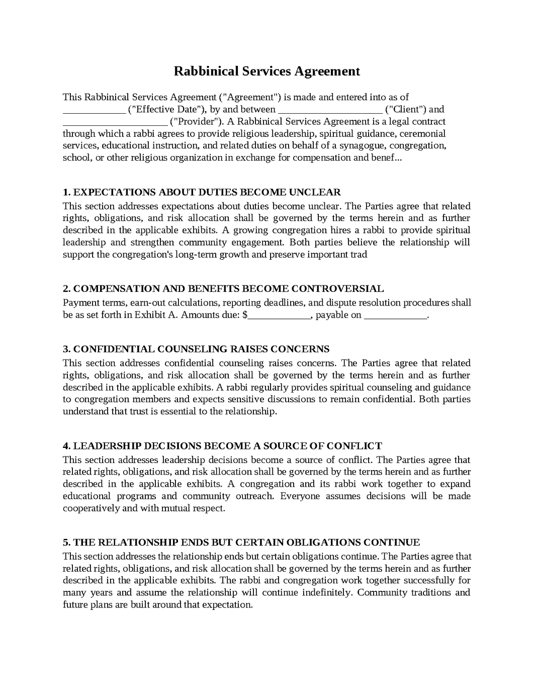 Rabbinical Services Agreement