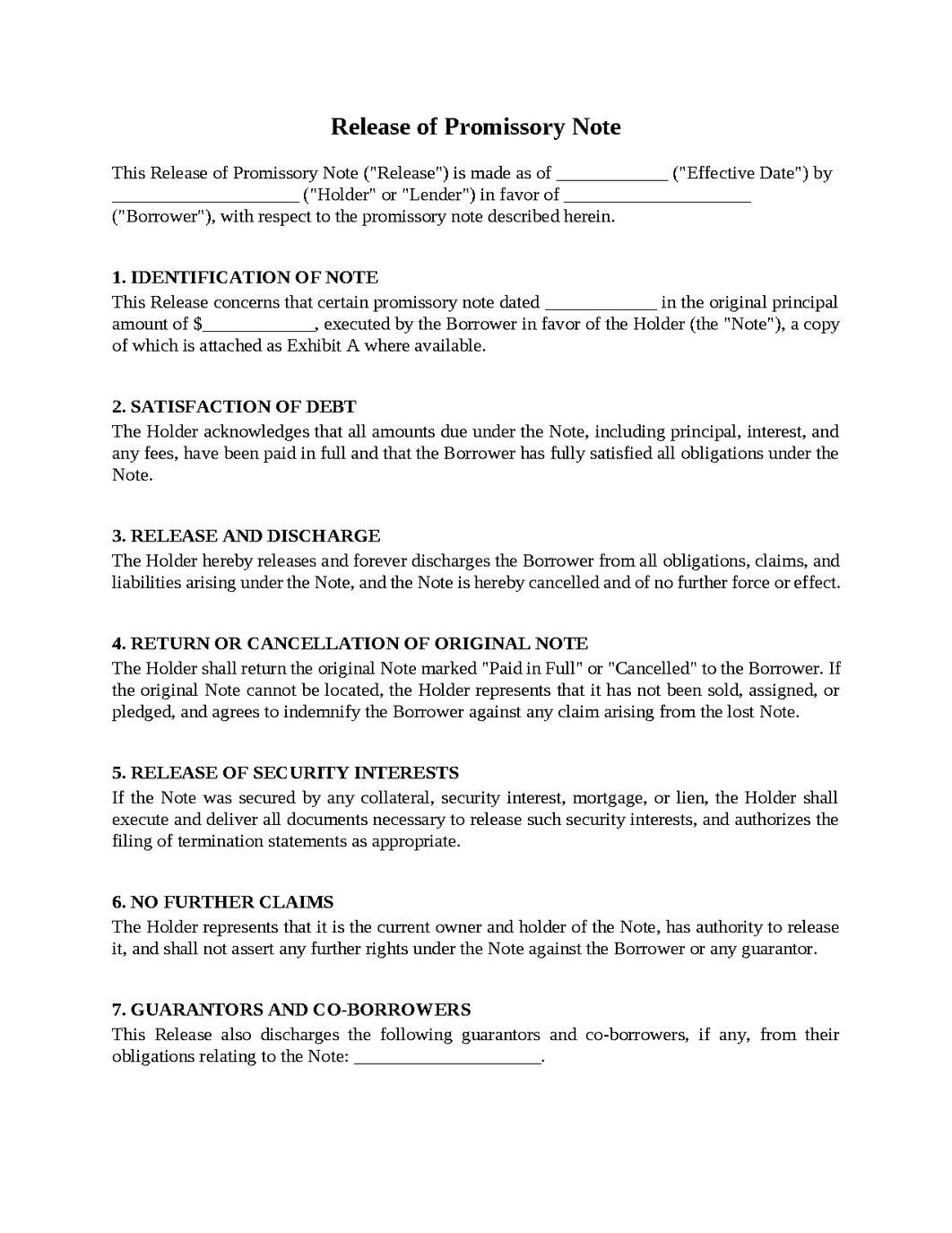 Release of Promissory Note