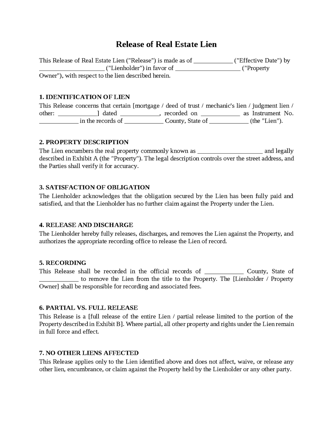 Release of Real Estate Lien