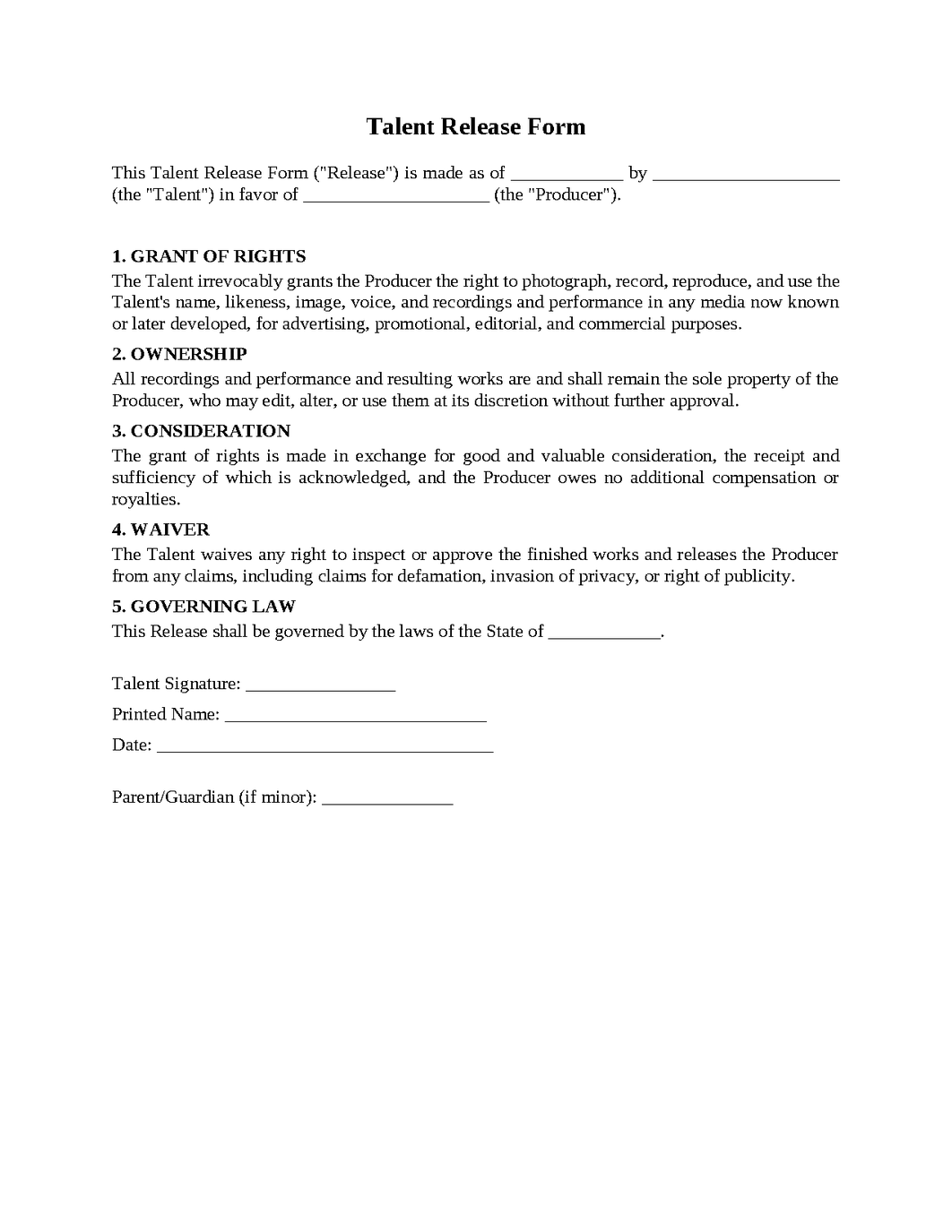 Talent Release Form