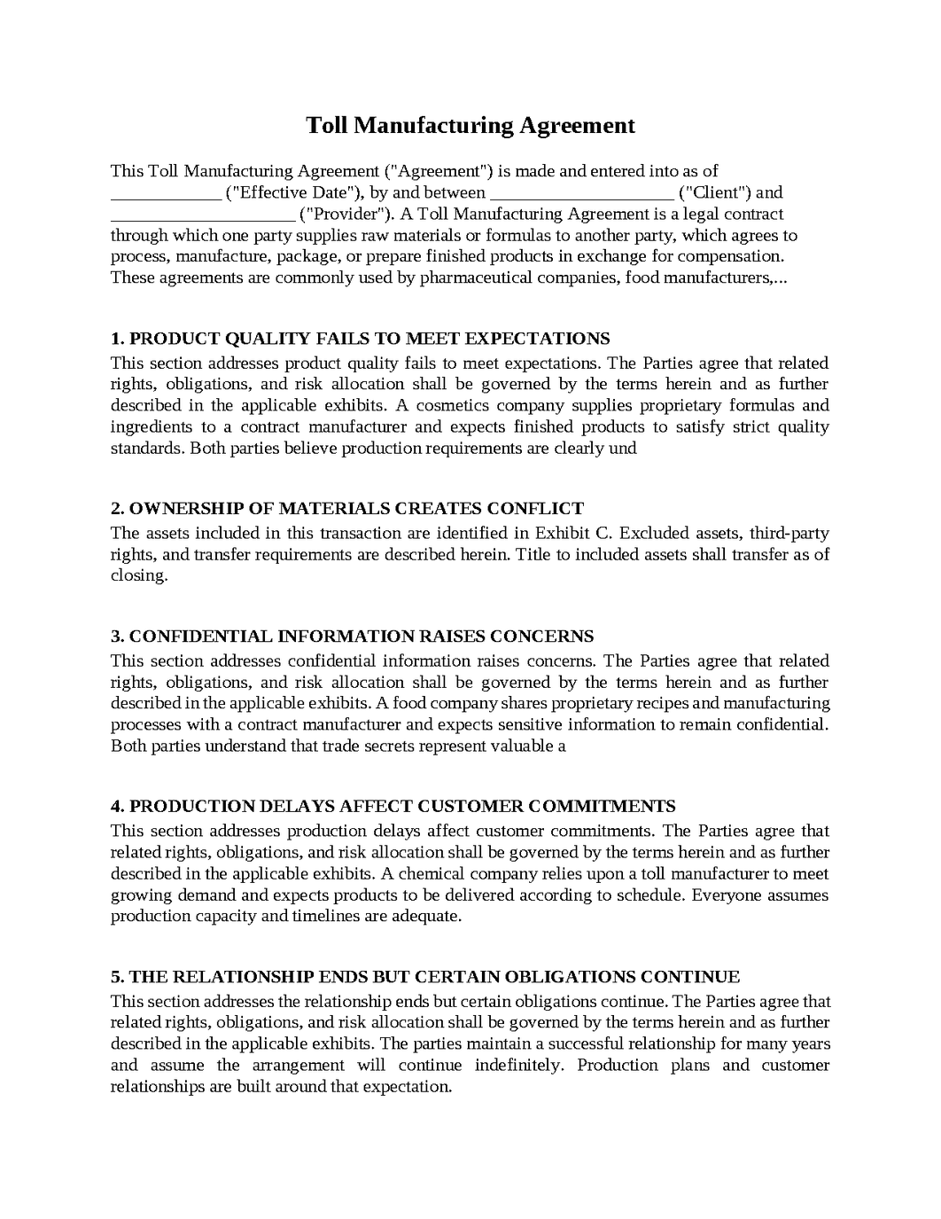 Toll Manufacturing Agreement