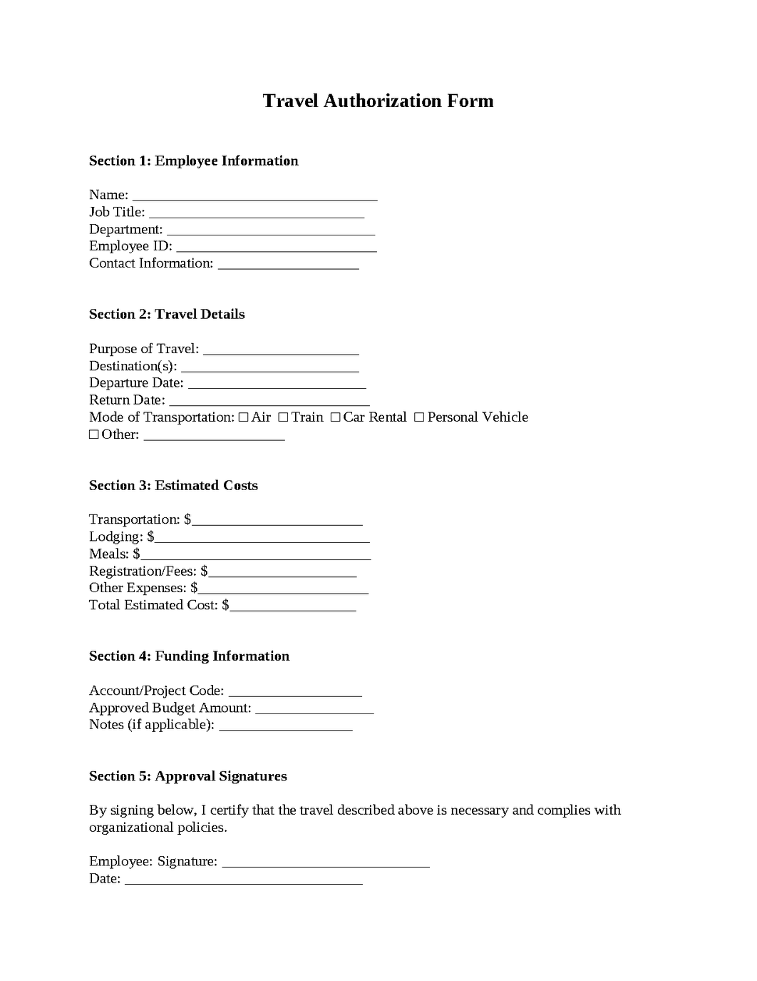Travel Authorization Form